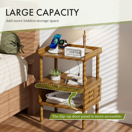 AmazerBath Walnut Brown bamboo nightstand with charging station, product gallery image showing design details and features.