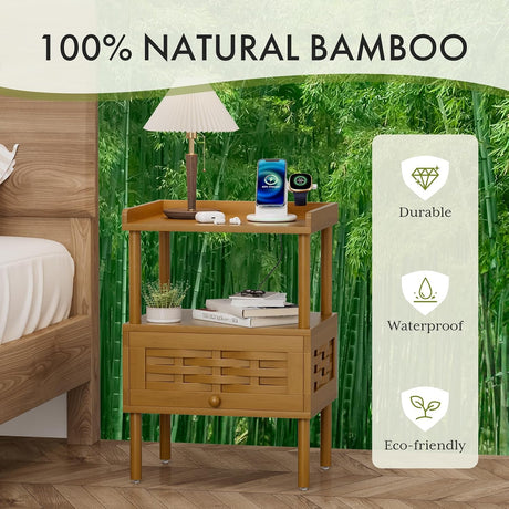 AmazerBath Walnut Brown bamboo nightstand with charging station, product gallery image showing design details and features.