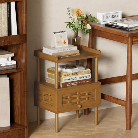 AmazerBath Walnut Brown bamboo nightstand with charging station, product gallery image showing design details and features.