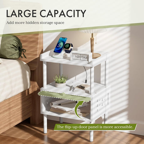 AmazerBath White bamboo nightstand with charging station, product gallery image showing design details and features.
