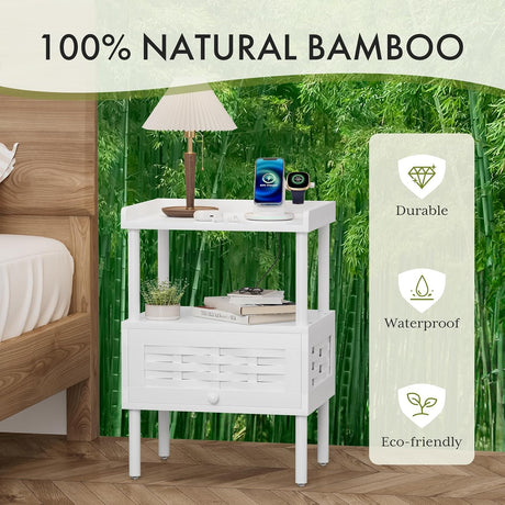 AmazerBath White bamboo nightstand with charging station, product gallery image showing design details and features.