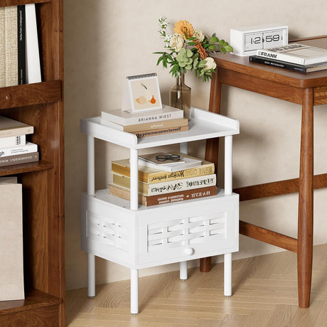 AmazerBath White bamboo nightstand with charging station, product gallery image showing design details and features.
