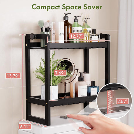 AmazerBath Bamboo Over-the-Toilet Storage Rack in Black, 2-Tier 6.12"D x 12.77"W x 13.79"H, product detail and key features.