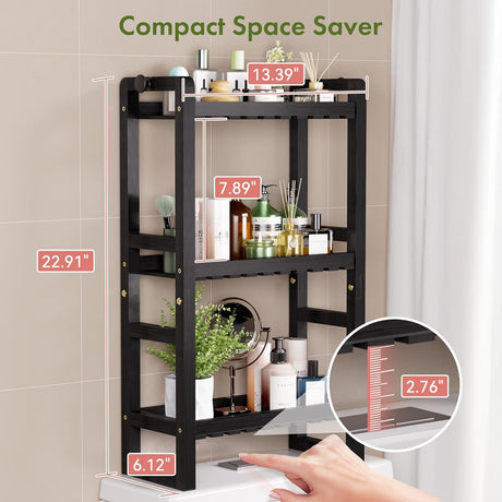 AmazerBath Bamboo Over-the-Toilet Storage Rack in Black, 2-Tier 6.12"D x 12.77"W x 13.79"H, product detail and key features.