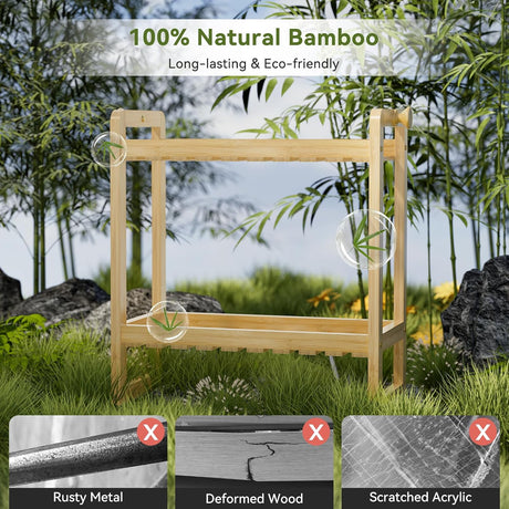 AmazerBath natural bamboo toilet rack highlighting durable bamboo versus metal, wood and acrylic.