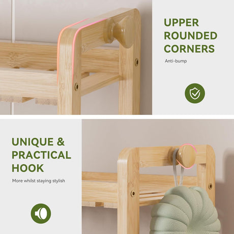 AmazerBath bamboo toilet rack close-up showing rounded corners and a side hanging hook.