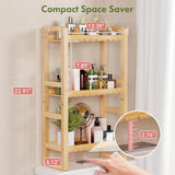AmazerBath Natural 3-tier bamboo over-the-toilet storage rack with product measurements and dimensions.