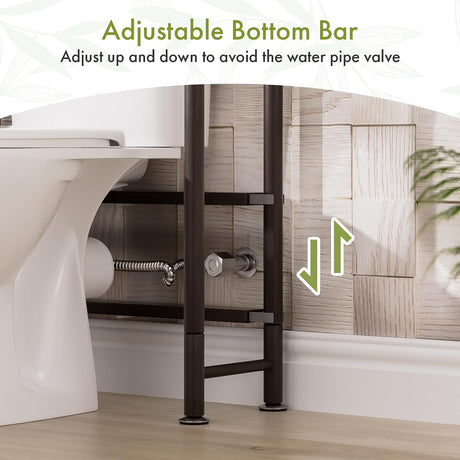 AmazerBath espresso over-the-toilet storage shelf with an adjustable bottom bar around bathroom plumbing.