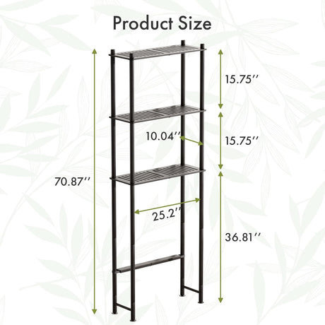AmazerBath espresso three-tier bamboo over-the-toilet storage shelf with detailed product dimensions.