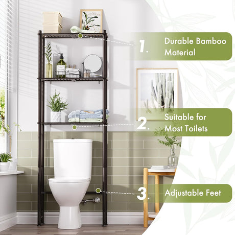 AmazerBath espresso three-tier over-the-toilet shelf highlighting bamboo construction and adjustable feet.