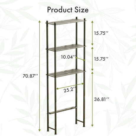 AmazerBath forest three-tier bamboo over-the-toilet storage shelf with detailed product dimensions.