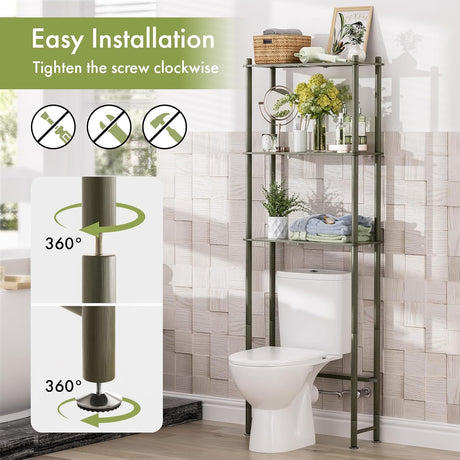 AmazerBath forest over-the-toilet storage shelf showing easy installation with rotating support feet.