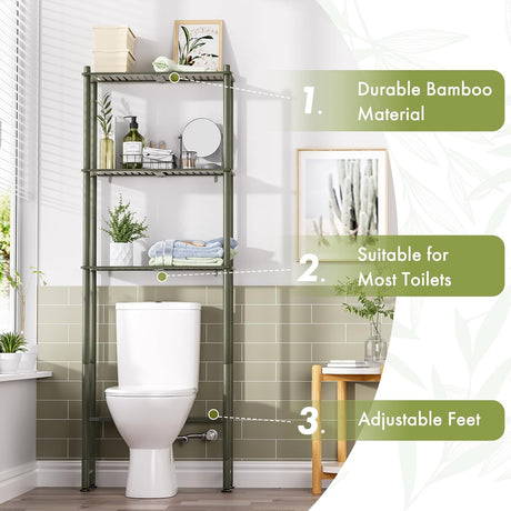 AmazerBath forest three-tier over-the-toilet shelf highlighting bamboo construction and adjustable feet.