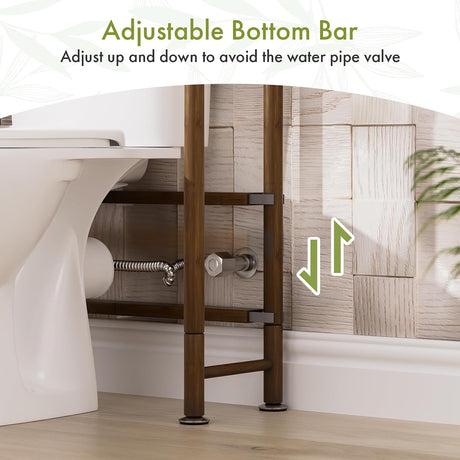 AmazerBath walnut brown over-the-toilet storage shelf with an adjustable bottom bar around bathroom plumbing.
