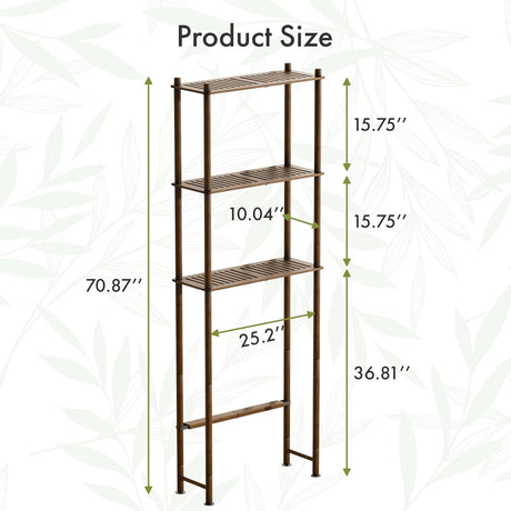 AmazerBath walnut brown three-tier bamboo over-the-toilet storage shelf with detailed product dimensions.