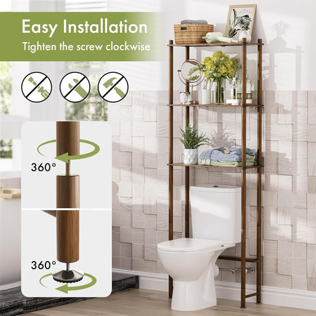 AmazerBath walnut brown over-the-toilet storage shelf showing easy installation with rotating support feet.