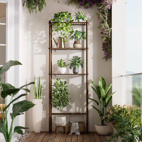 AmazerBath walnut brown bamboo storage shelf styled with plants and household items in a bright room.
