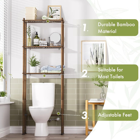 AmazerBath walnut brown three-tier over-the-toilet shelf highlighting bamboo construction and adjustable feet.
