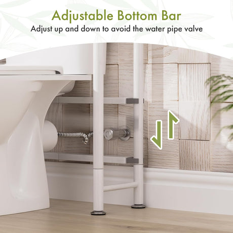 AmazerBath white over-the-toilet storage shelf with an adjustable bottom bar around bathroom plumbing.
