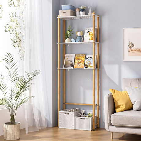 AmazerBath white & natural over-the-toilet storage shelf with an adjustable bottom bar around bathroom plumbing.