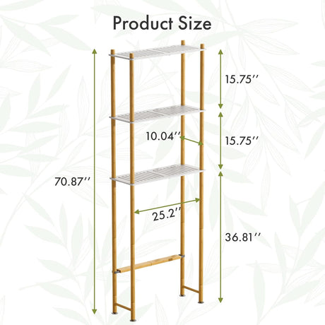 AmazerBath white & natural three-tier bamboo over-the-toilet storage shelf with detailed product dimensions.