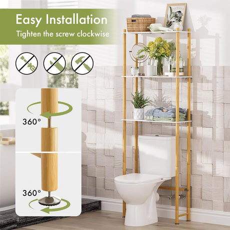 AmazerBath white & natural over-the-toilet storage shelf showing easy installation with rotating support feet.