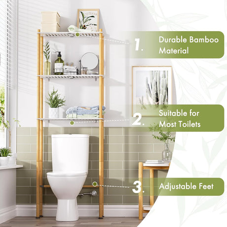 AmazerBath white & natural three-tier over-the-toilet shelf highlighting bamboo construction and adjustable feet.