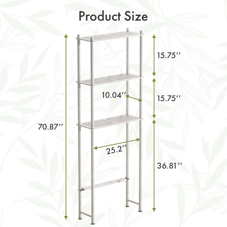 AmazerBath white three-tier bamboo over-the-toilet storage shelf with detailed product dimensions.
