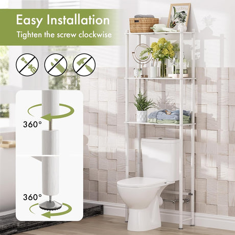 AmazerBath white over-the-toilet storage shelf showing easy installation with rotating support feet.