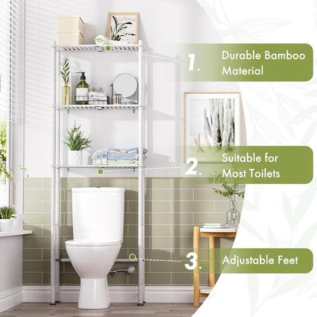 AmazerBath white three-tier over-the-toilet shelf highlighting bamboo construction and adjustable feet.