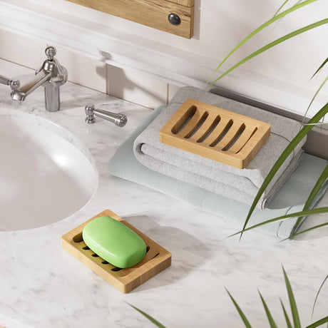 AmazerBath Burlywood product detail for bamboo soap dishes, Burlywood, Rectangular, showing design and key features.