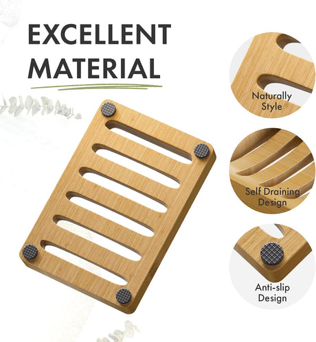 AmazerBath Bamboo Soap Dishes, 2-Pack in Burlywood, Rectangular, detail image showing product design and key features.