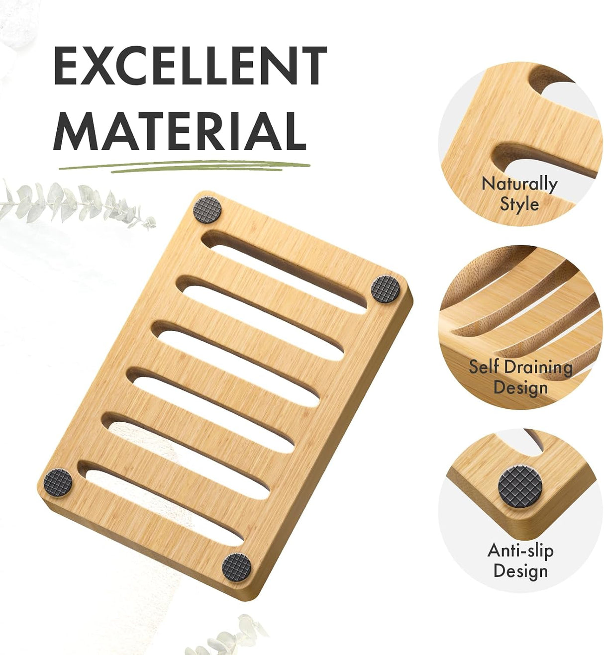 AmazerBath Bamboo Soap Dishes, 2-Pack in Natural, Rectangular, detail image showing product design and key features.