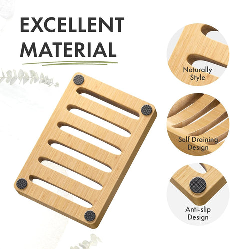 AmazerBath Bamboo Soap Dishes, 2-Pack in Natural, Rectangular, detail image showing product design and key features.