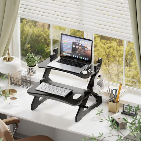 AmazerBath Bamboo Standing Desk Converter and Desk Riser in Black, product detail image.