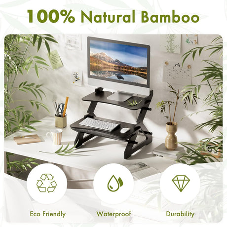 AmazerBath Bamboo Standing Desk Converter and Desk Riser in Black, product detail image.