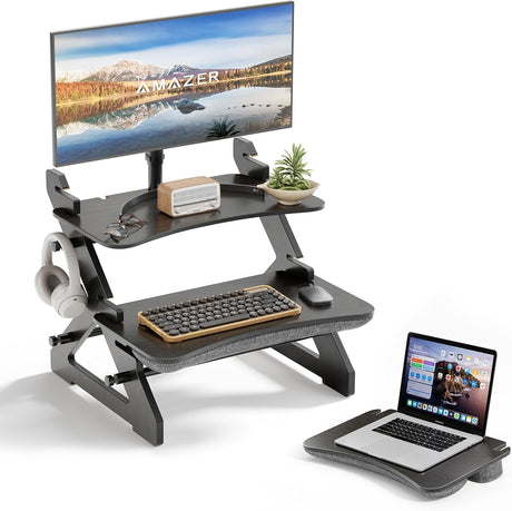 AmazerBath Bamboo Standing Desk Converter and Desk Riser, product image showing design and key features.