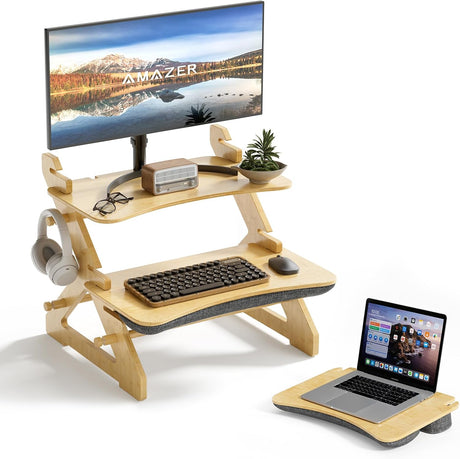 AmazerBath Bamboo Standing Desk Converter and Desk Riser, product image showing design and key features.