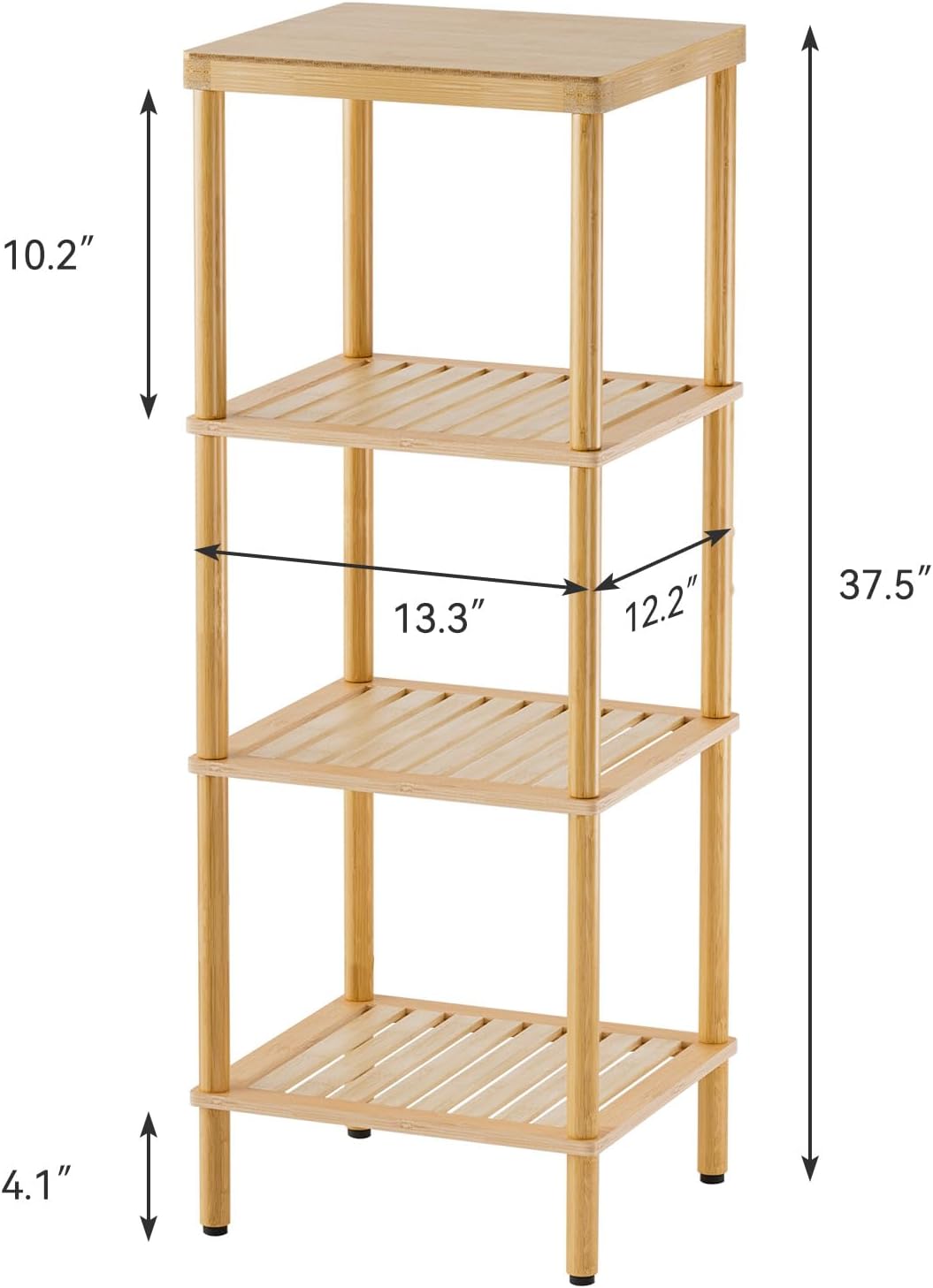 AmazerBath natural bamboo four-tier shelf dimensions, 37.5 inches high with 13.3 by 12.2-inch shelves.