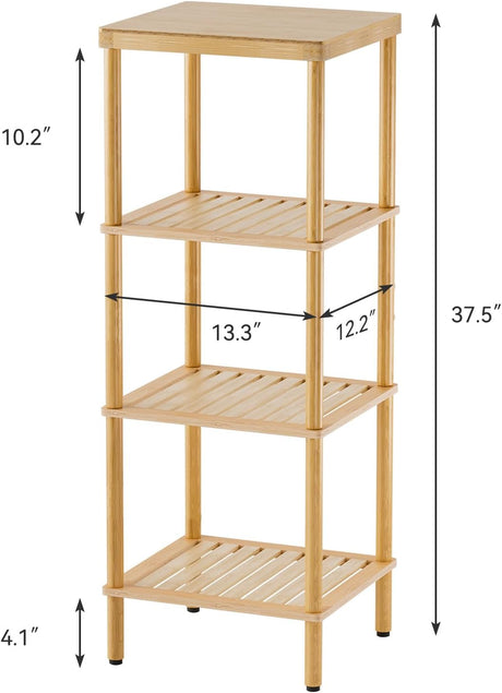 AmazerBath natural bamboo four-tier shelf dimensions, 37.5 inches high with 13.3 by 12.2-inch shelves.