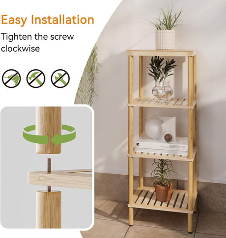 AmazerBath natural bamboo four-tier standing shelf showing tool-free screw assembly.