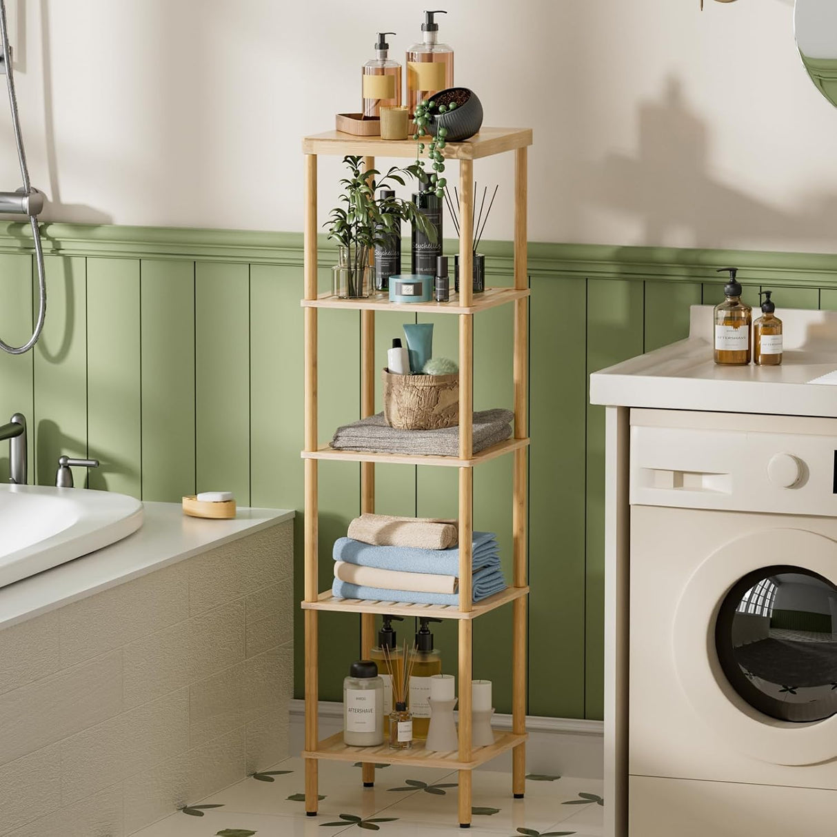 AmazerBath natural bamboo five-tier standing shelf holding toiletries beside a bathtub and washing machine.