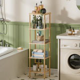 AmazerBath natural bamboo five-tier standing shelf holding toiletries beside a bathtub and washing machine.