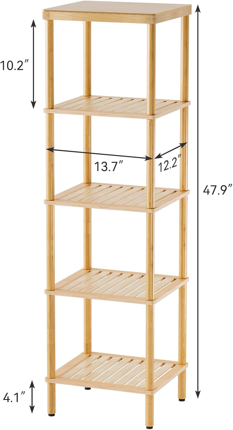 AmazerBath natural bamboo five-tier shelf dimensions, 47.9 inches high with 13.7 by 12.2-inch shelves.