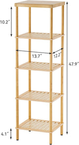 AmazerBath natural bamboo five-tier shelf dimensions, 47.9 inches high with 13.7 by 12.2-inch shelves.