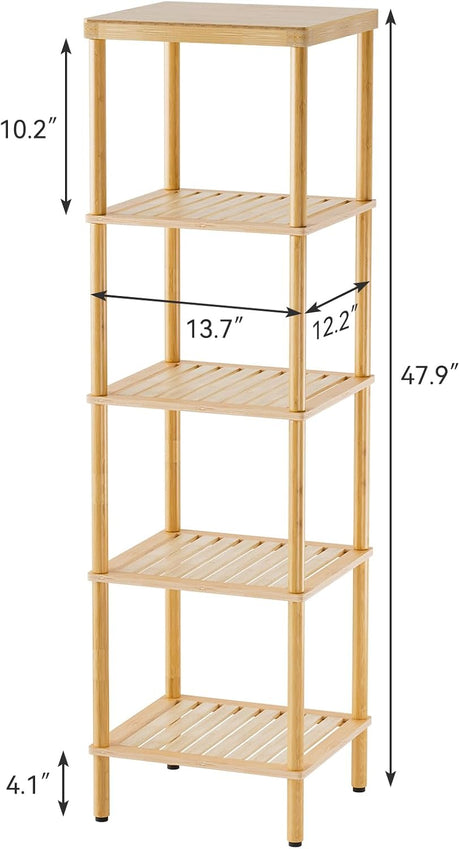 AmazerBath natural bamboo five-tier shelf dimensions, 47.9 inches high with 13.7 by 12.2-inch shelves.
