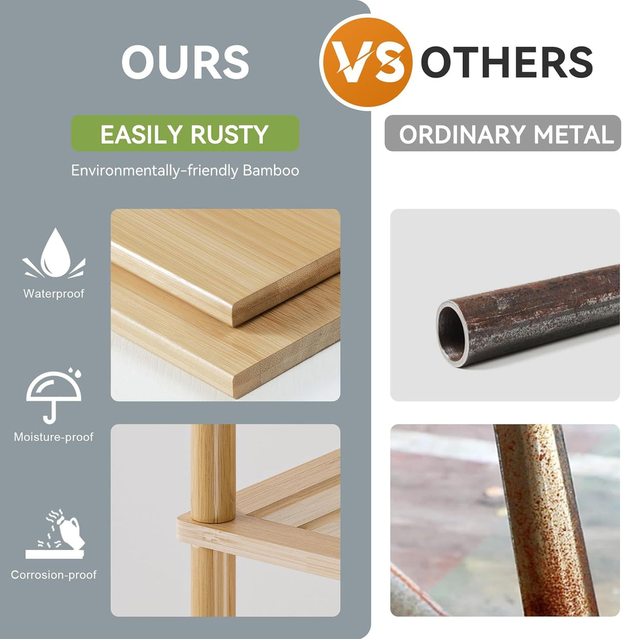AmazerBath bamboo shelf material comparison showing moisture-resistant bamboo versus rusty metal.