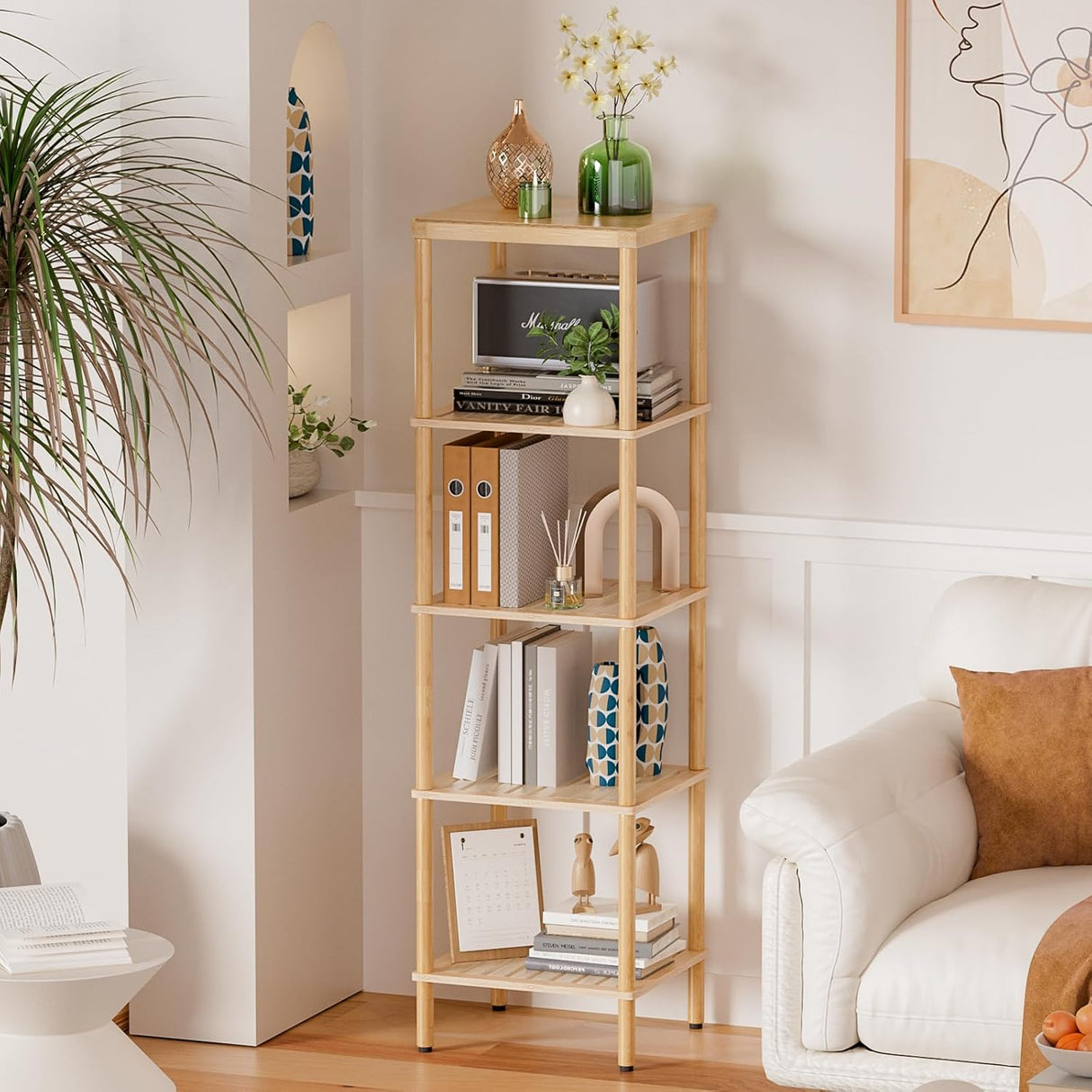 AmazerBath natural bamboo five-tier standing shelf used for books and decor beside a sofa.
