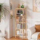 AmazerBath natural bamboo five-tier standing shelf used for books and decor beside a sofa.