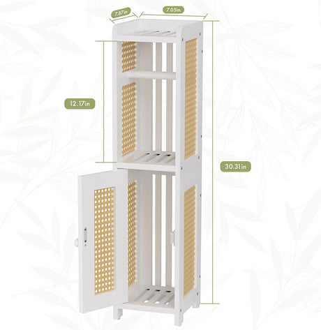 AmazerBath Bamboo Storage Cabinet with Rattan Design in White, 7.87"D x 7.05"W x 30.31"H, product detail and key features.